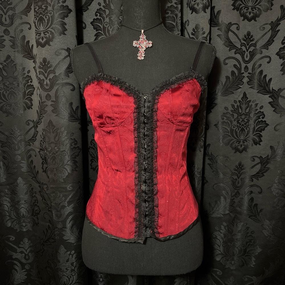 Guess Red and Black Lace Trim Corset Tank Top